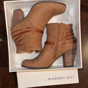 Madden Girl Cognac Tan Ankle Booties with Stacked Heel